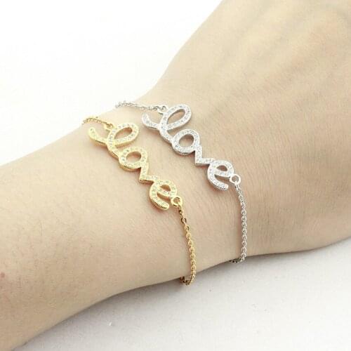 Stainless Steel Crystal Love Letter Bracelets Rose Gold Silver Delicate Women Elegant Bangle Jewelry Valentines Day Gifts
