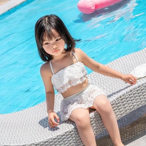 Kids Baby Girl Swimwear Swimsuits Two-piece White Lace Swimming Suits Bikini Summer Beach Toddler Bathing Suits With Cap