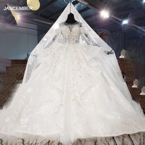 HTL1877 White Sequined Beading Wedding Dress 2020 Long Sleeve Applique Ball Gowns V-Neck Lace Up Back Off The Shoulder