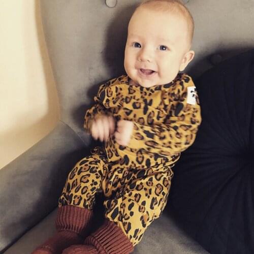 Newborn Unisex Baby Romper Long Sleeve Leopard Round Neck Baby Jumpsuit Pajamas Super Soft Cotton Baby Home and Sleep Clothes