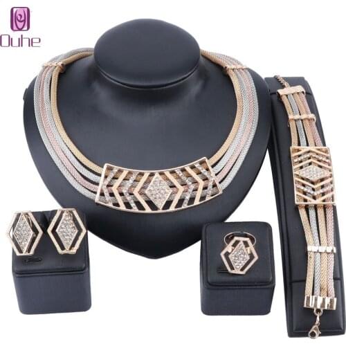 African Jewelry Sets Nigeria Bridal Crystal Charm Necklace Earring Ring Bracelet For Women Wedding Party Jewellery Set