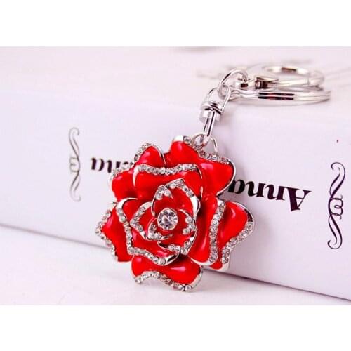 Creative Cute Diamond Set Rose Car Key Chain Womens Bag Accessories Flower Metal Pendant Key Ring