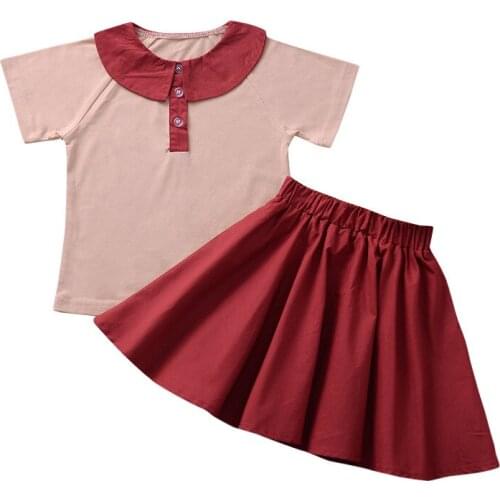Summer Girl Set Pink Striped T-shirt + Burgendy Skirt Children Suits Clothes