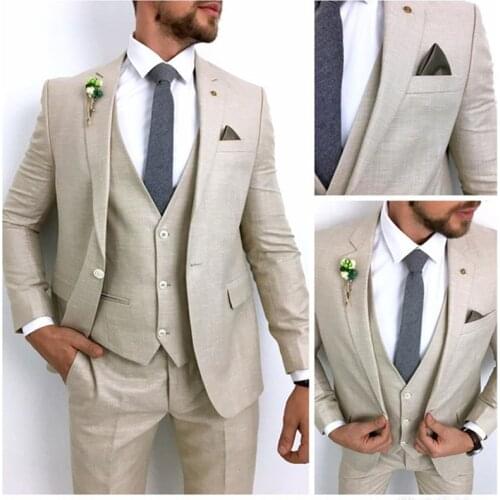 2021 Jacket+Pants+Vest Men Suits 3 Pcs Beige Notch Lapel One Button Costume Homme Groom Wedding Terno Masculino Slim Fit Blazer