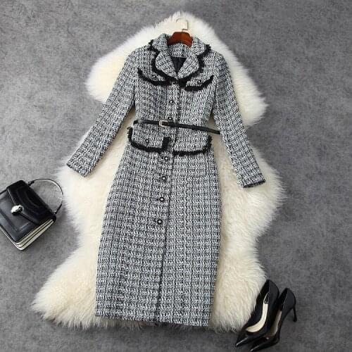 New arrival designer women winter plaid tweed High quality elegant belt dress C431