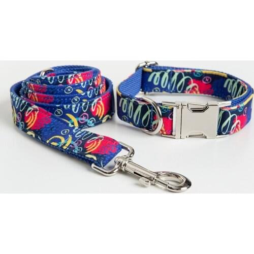Personalized Blue Graffiti Dog Collar Leash With Bow Tie Set Free Engraved Nameplate For Small Medium Large Dog