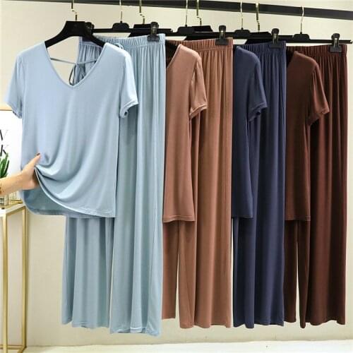 Sexy 2 Piece Set Modal Homewear for Women Solid Color Loose Pajamas New Short Sleeve T Shirt and Pants Summer Home Clothes Mujer