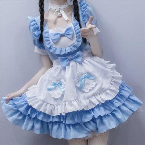 Blue Sweetheart Maid Dress Short Sleeve Ruffled Lolita Sets With Bows