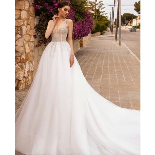 Wedding Dress A-Line V-Neck Tank Sequined Beading Backless Sleeveless Tulle Floor Length Sweep Train Elegant Bride Gown New