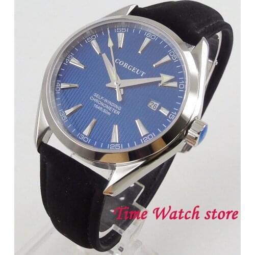 Polished 41mm Miyota 8215 5ATM automatic mens watch sapphire glass polished bezel blue dial silver marks date display deployant