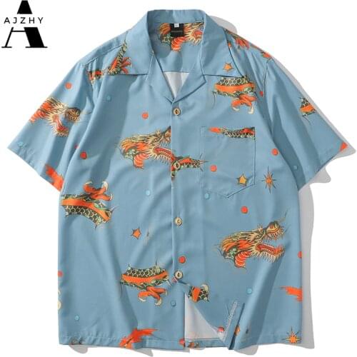 Dragon Printing Shirt Mens Hawaiian Shirts Hip Hop Streetwear Fashion Korean Vintage Harajuku Short Sleeve Shirt for Men Clothes
