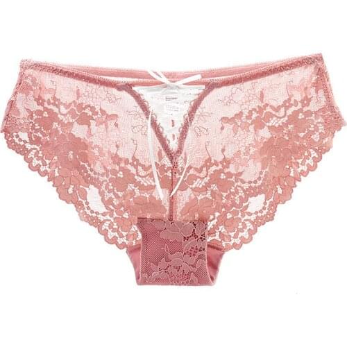 Sexy lace ladies briefs cotton crotch comfortable soft breathable hollow briefs sweet ribbon lace trim low-waist briefs A19178