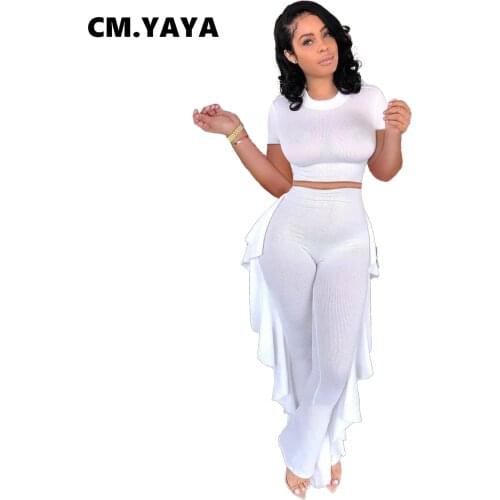 CM.YAYA Women Set Solid Short Sleeve O-neck Crop Tops Empire Pants Two 2 Piece Sets Active Tracksuit Sweatsuit Summer Outfits