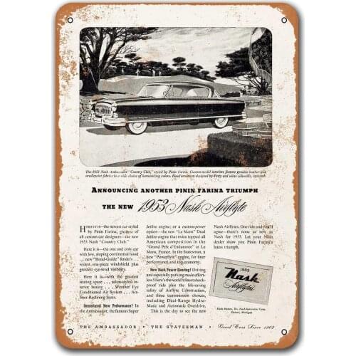 1953 Nash Airflyte Old Car Tin Sign, Sisoso Vintage Metal Plaques Poster Bar Man Cave Retro Wall Decor 12x16 inch