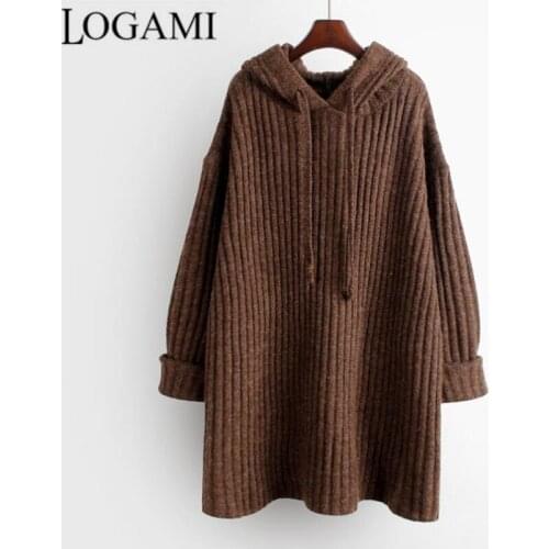 LOGAMI Hooded Oversized Sweater Women Long Sleeve Autumn Winter Knitted Pullover Womens Loose Casual Sweaters Khaki Dark Grey