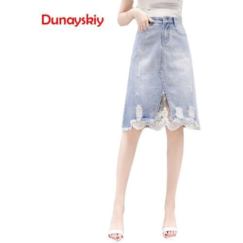 High Waist Denim Skirts Women 2021 New Fashion Ripped Hole Lace Patchwork A Line Midi Jeans Skirt Women Casual jupe jean femme