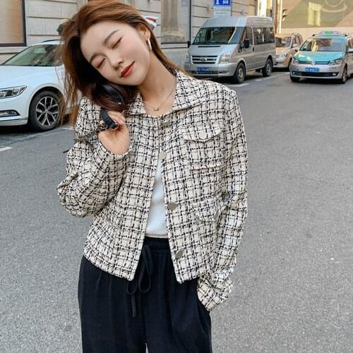 Short Lapel Small Fragrant Wind Jacket Women French Lady Plaid Autumn Top 2021 Retro High Quality Female Jacket Casual Outerwear