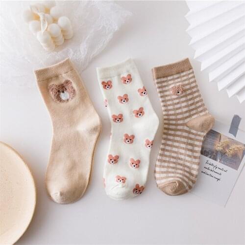 Spring, Autumn and Winter Womens Cotton Tie Socks Fashion Bear Socks Cute Cartoon Womens Socks Harajuku Christmas Gift