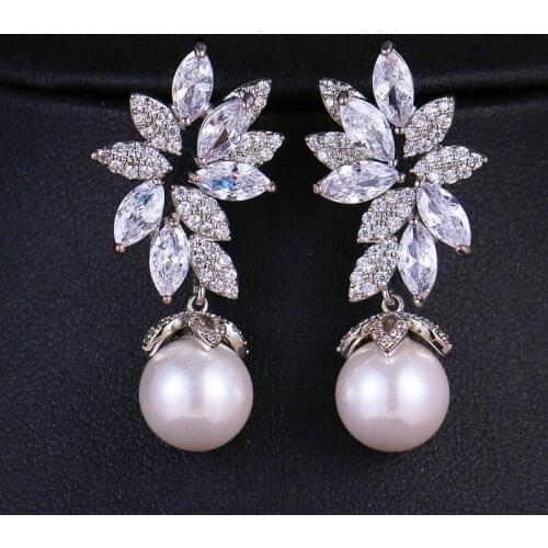 Vintage Brass Zircon Pearl Dangle Earrings For Women Silver Color Luxury Earring Wedding Gifts Trendy Female Jewelry 2021 New