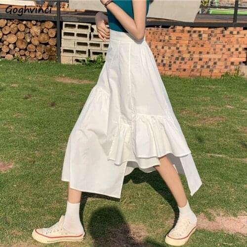 Skirts Women Mid-long Irregular Pleated Stylish A-line Skirt Student Solid Leisure All-match Vintage Harajuku Fashion High-waist