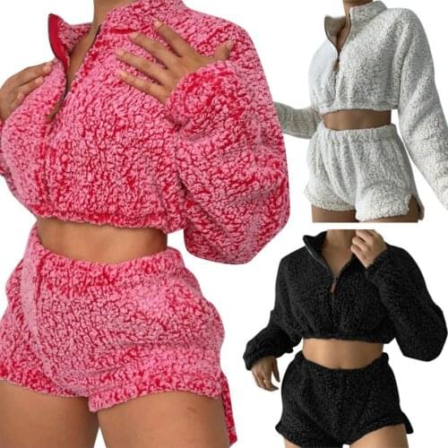 Autumn Winter Fleece Two Piece Set Women tracksuit Ladies long sleeve Sweat suit Top and Shorts set Eleagnt Homewear 2 piece set