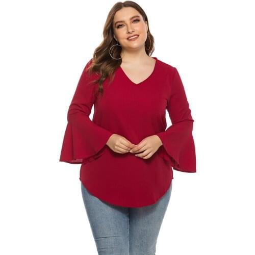 Womens 2021 Fall New Pullover Long Sleeve Large Size Trumpet Sleeve Chiffon Casual All-match T-shirt Loose Ladies Top 5XL