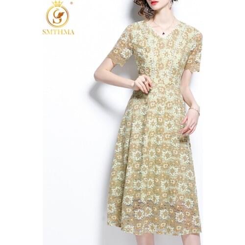 SMTHMA Lace Hollow Out Summer Dress For Women V Neck Short Sleeve High Waist Mid Length Dresses Female 2021 New Summer Clothes
