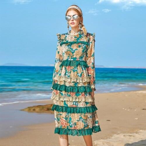 Designer Spring Autumn New WomenS Round Neck Beading Layered Lace Ruffled Patchwork Print Gorgeous Fashion Vintage Midi Dress