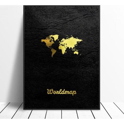 Golden World Map Art Canvas Wall Art Print Modern Poster Wall Pictures Living Room Decor