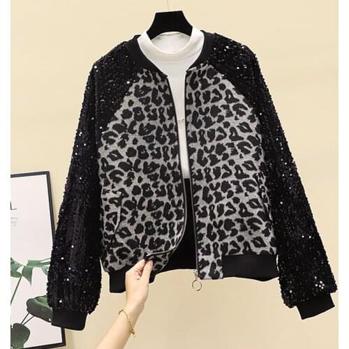 Spring Autumn Leopard Print Baseball Coat Women Sequins Spliced New Fashion Loose O-Neck Zipper Short Bomber Jacket Female G1053