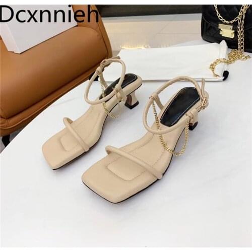 Summer Metal Chain Kitten Heels Sandals Women Genuine Leather One Strap Square Toe Sandalias Designer Runway Shoes Woman 2021