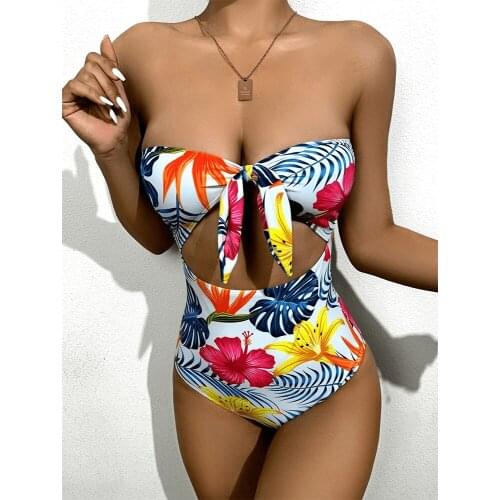 EVISPORTS One Piece Swimsuit Women Swimwear Printed Hallow Sexy Off The Shoulder Bosysuits Summer Beach Wear Hollow Bathingsuit