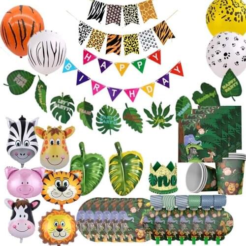 Childrens Birthday Jungle Animal Theme Tableware Pull Flag Birthday Animal Balloon Party Decoration Supplies KK23
