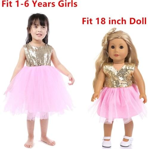 Factory Hot Sale !!! Doll and Girl Matching Gauze Sequins Princess Dress for Girls and 18" American Dolls Clothes