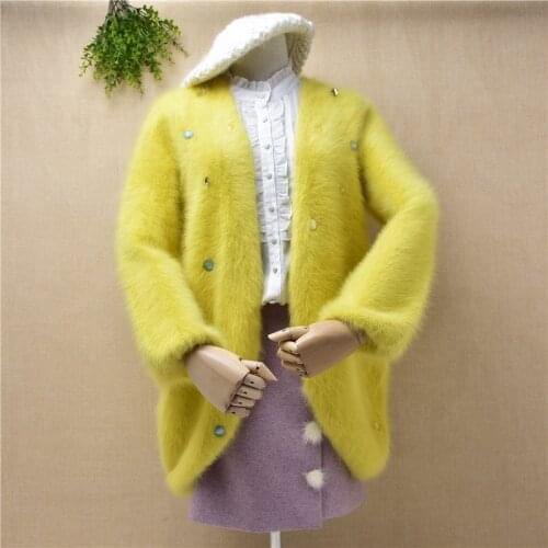 Ladies women fashion medium long mink cashmere loose cardigans angora rabbit fur knitted long puff sleeves jacket winter sweater