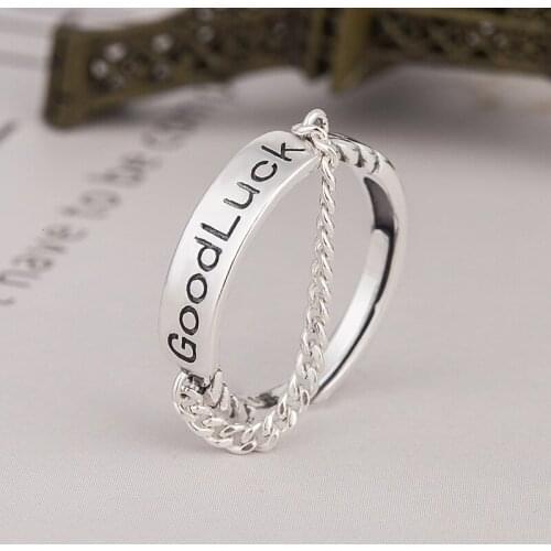 Fashion Hipster Good Luck Letter Alphabet 925 Sterling Silver Finger Ring For Women Retro Tassel Chain Delicate Jewelry Gifts