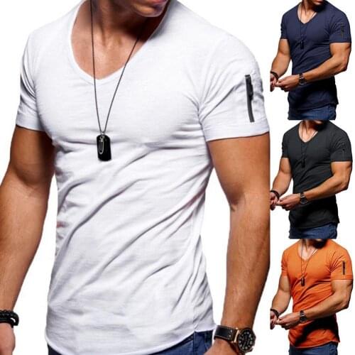 Men Solid Color Zip Pocket V Neck Short Sleeve T-shirt Fit Plus Size Tee Top