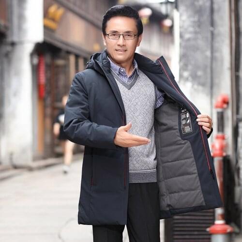 Winter new white duck down hooded down jacket middle-aged and elderly mens casual warm quality mid-length down jacket men