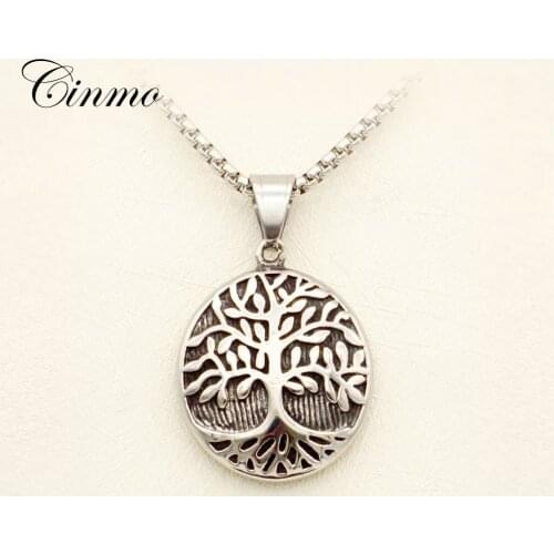 Cinmo Round Life Tree Pendant Necklace Exquisite Peace Symbol Stainless Steel Necklaces For Men Women Charm Jewelry Gift