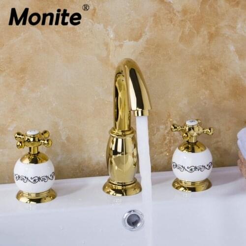 Golden Plated Bathroom Faucet set 3PCS Set Bathtub European Split Basin Mixer Tap ceramic Faucet Body Cross Handles
