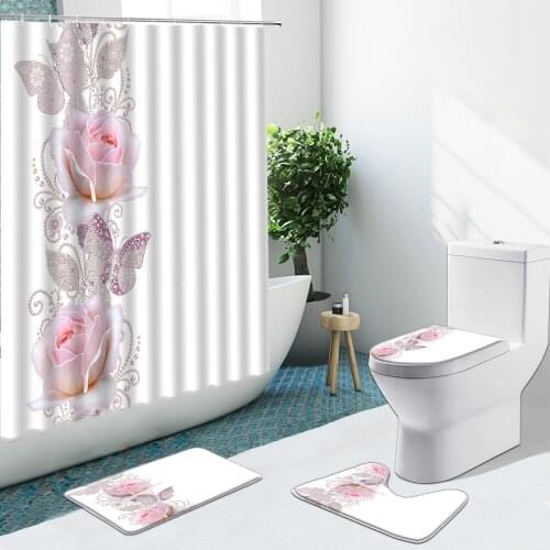 Pink Rose Butterfly Shower Curtain Flower Lavender Lotus Anti-Slip Rugs Toilet Cover Bathroom Curtains Set Bath Mat Carpet Decor