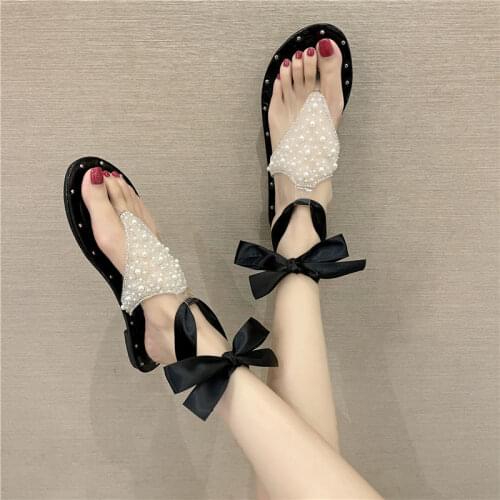 Net Infrared Wear Flip Flops Rhinestone Bow Sandals Women Summer 2021 New Style Korean Pearl Flat Women Sandals Ins Tide