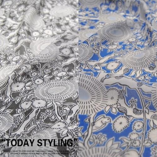 LEO&LIN Gray Blue Flower Real Silk Chiffon Shirt Dress 100% Silk Clothing Cloth Fabric DIY patchwork