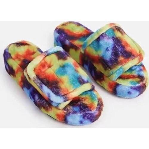 Summer Europe Womens New Thick-soled Furry Slides for Women Tie-dyed Thick Wool Fashion Slippers Female Shoes Women 2021