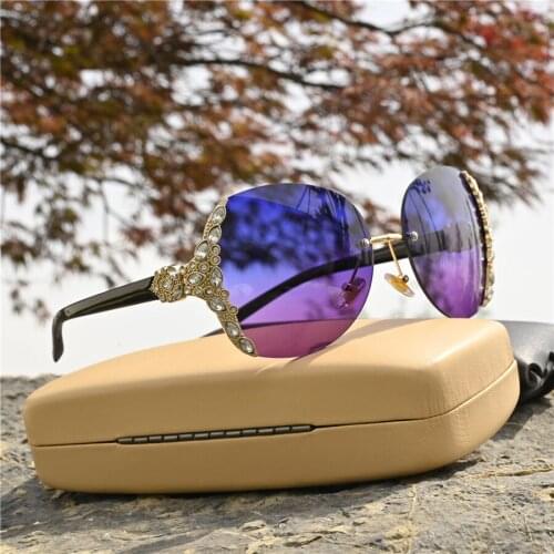 Rockjoy Luxury Rhinestone Sunglasses Women Rimless Shades Diamond Brand Sun Glasses for Ladies Female Gradient Tint Lens