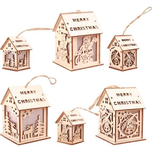 Luminous Christmas Decorations For Tree LED Wooden House With Rope Christmas Tree Decorations