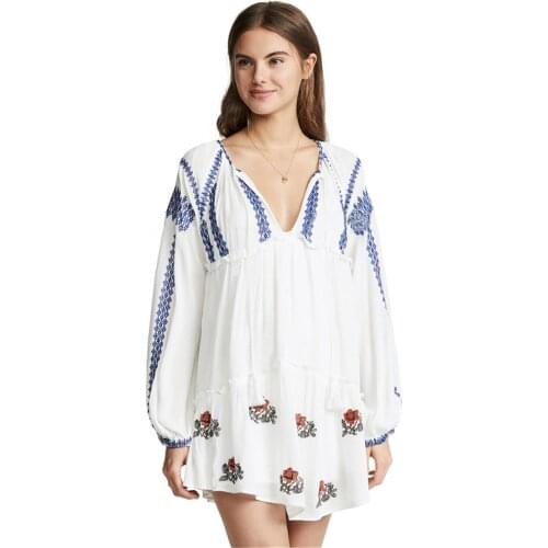 TEELYNN Long Sleeve Short Dresses Cotton White Floral Embriodery V Neck Tassel Loose Tunic Robe Boho Beach Cover Up Dress Women