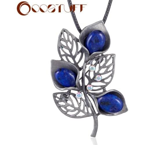 Vintage Plant Jewelry Long Necklace for Women Leaf Pendants Blue Stone Beads Black Rope Chain Jewellery Suspension Choker 2020