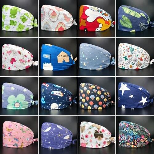 Breathable cartoon anime print adjustable scrub cap pet shop work nursing cap doctor and nurse cotton sweat towel surgical caps