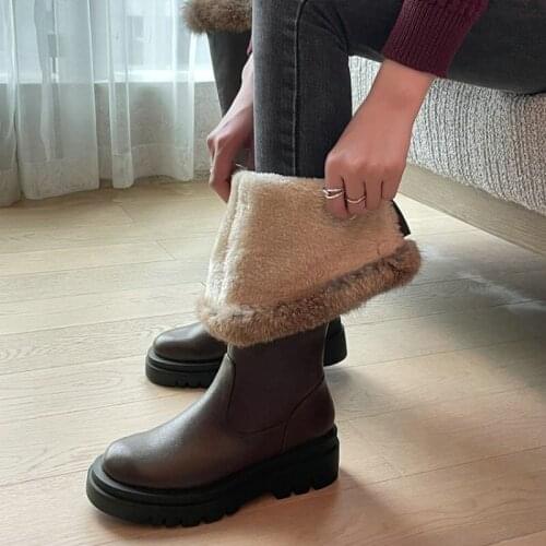 ZawsThia 2021 Winter Super Warm Faux Fur Plush Inside Round Toe Platform Flats Shoes Size 43 Russian Women Knee High Snow Boots